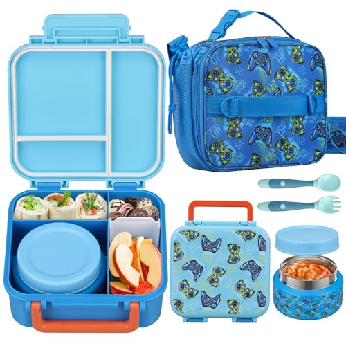 Kids Lunch Box Set with Bento Box, 9oz Stainless Steel Thermo & Insulated Lunch Bag – Hot & Cold Leakproof Lunch Container with Utensils for School & Travel, Blue Set - color: Blue
