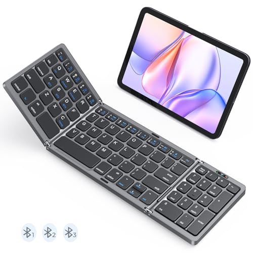 Foldable Bluetooth Keyboard, Wireless Portable Keyboard with Numeric Keypad, Rechargeable Pocket-Sized Travel Keyboard for Windows, iOS, Android Smartphone, Tablet, and Laptop, Support 3 Devices - color: Black Gray
