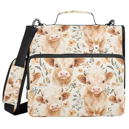 Cute Highland Cows Waterproof 13" Binder Bag Organizer with Expandable Storage,3-Ring Zipper Binder with Shoulder Strap for School & Office