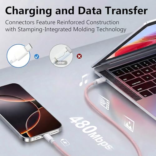 USB C to C Charger Cable, 60W, 6FT, 2-Pack, Pink | Fast Charging, Braided Nylon, for iPhone 17/16/15, MacBook iPad, Galaxy S25/S24 - color: Pink, size: 6FT+6FT
