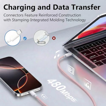 USB C to C Charger Cable, 60W, 6FT, 2-Pack, Pink | Fast Charging, Braided Nylon, for iPhone 17/16/15, MacBook iPad, Galaxy S25/S24 - color: Pink, size: 6FT+6FT