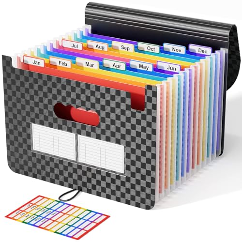 ABC life 12-Pocket Accordion File Organizer, Expandable File Folder with Colorful A-Z Tabs, Portable Bill & Receipt Organizer, Desktop Letter/A4 Document Storage for Home & Office-Black Matt - color: Black