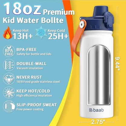 baab 18oz Kids Water Bottle, Insulated Kids Water Bottle with Lockable Spout Lid & Stickers, 18/8 Stainless Steel Vacuum Leakproof Kid Water Cup for Boy Girl School (White+Pink, 2 Pack) - color: White+Pink, size: 18 Ounces