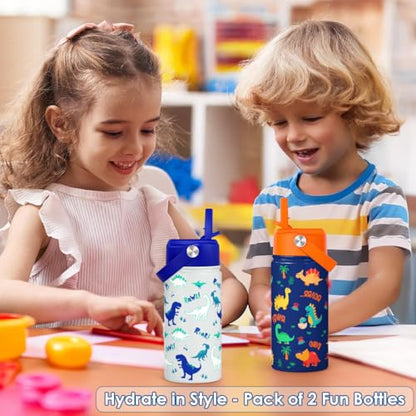 SANDJEST Dinosaur Kids Water Bottle with Straw Lid, Pack of 2 Insulated 12 Oz Stainless Steel Water Bottles for Boys, Travel Cup for School Sports - color: Dinosaur (Pack 2)