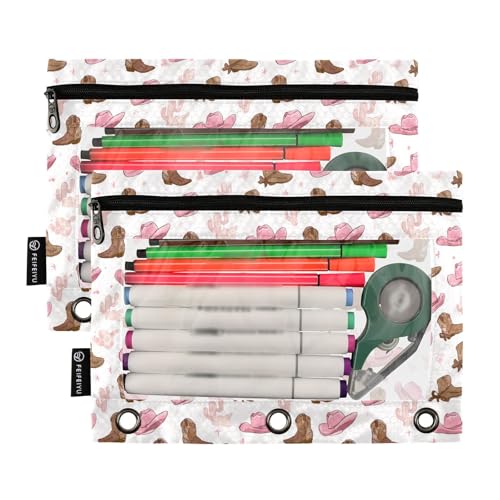 Pink Cowgirl Hats Binder Pencil Pouches, Pencil Case with Clear Window 3 Rings Pen Case Holder School Office Supplies Cosmetic Makeup Bag 2 Pack - color: Multicolored-1