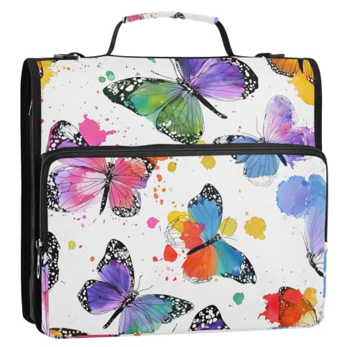 Butterfly Zipper 3 Ring Binder Bag with Shoulder Strap for School | 2 Inch 3 Ring, Secure Zippered Closure, Organizer Pockets for Classification, Heavy Duty File Organizer - color: Butterfly Watercolor