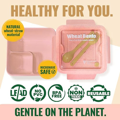 GreenLunch Bento Lunch Box for Kids, Large 2-Compartment, Durable and Microwave Safe, BPA-Free with Utensils, Wheat Straw Snack Containers for Kids – Pink - color: Pink