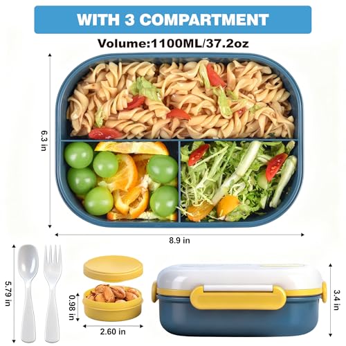 3-Compartment Leak-Proof Bento Box for Kids & Adults, Blue | Insulated bag, utensils & sauce container included; BPA-free; Microwave & dishwasher safe; Ideal for school, office & travel. - color: Blue