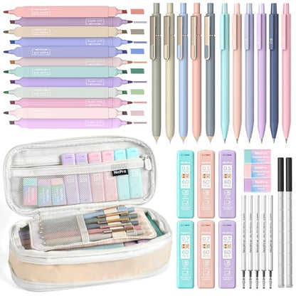 Nicpro School Supplies Stationary Set with Pencil Case, 39 PCS Cream | Back to Schoo Supplies, Pen Case with 12 Highlighter, 5 Gel Pen, 6 Mechanical Pencil, Essentials for College, Nursing Student - color: Cream, size: 39 PCS