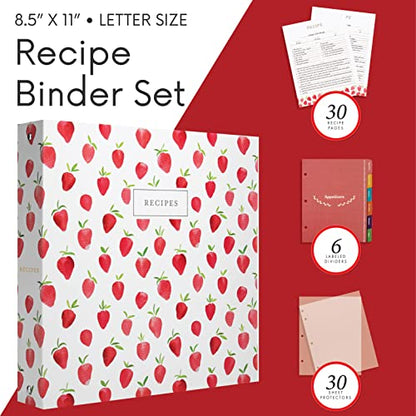 Jot & Mark 8.5"" x 11"" 3 Ring Recipe Binder with Spill-Proof Clear Binder | 50 Recipe Cards + 25 Sleeve Protectors + 5 Full-Page Sleeves + 6 Divider Tabs | 8.5x11 3-Ring - color: Strawberry Wilds, size: 8.5" x 11"