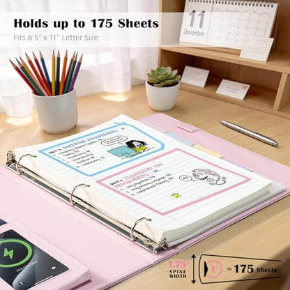 Ospelelf Pink Leather Binder with Magnetic Clipboard, 1 Inch Binders 3 Ring with Storage Zipper Pouch, Pocketed Dividers, Professional Clipboard Folder for School Office Nursing - color: Pink