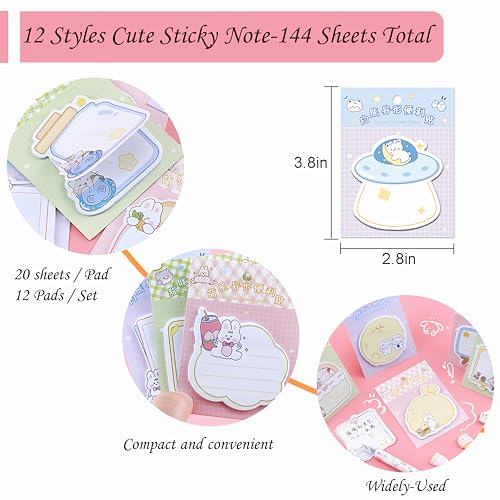 144 Sheets Cute Sticky Notes, Kawaii Cartoon Sticky Note with 12 Different Shapes, Mini Markers Flags Self-Stick Memo Pads for Students Supplies, Assorted Animals Memo Notes 2.4 * 2.4in