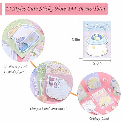 144 Sheets Cute Sticky Notes, Kawaii Cartoon Sticky Note with 12 Different Shapes, Mini Markers Flags Self-Stick Memo Pads for Students Supplies, Assorted Animals Memo Notes 2.4 * 2.4in