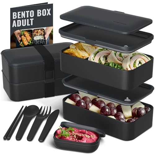 Bentoheaven Bento Box Adult, Stackable Lunch Box, 40 oz, Outer Space | BPA-free, leakproof and microwave-safe with 2 compartments, utensils, chopsticks, divider and sauce cup for men and women. - color: Outer Space