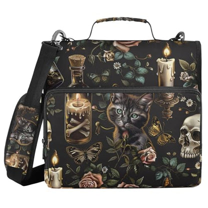 3 Ring Zipper Binder with Shoulder Strap Black Skulls Cats Gothic Style Binder Bag - color: Multicolored 01