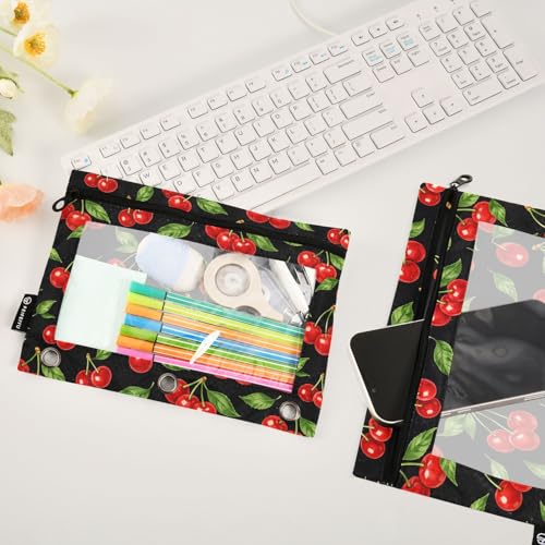 2 Pack Pencil Pouch for 3 Ring Binder Red Cherry Pencil Case Pouch with Clear Window Zipper Binder Pencil Pouches Pen Bag for Office School Supplies - color: Red Cherry