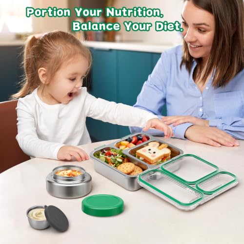 Pawtong Stainless Steel Bento Box Kids Adult with 7oz Insulated Food Jar, Transparent Lid Metal Lunch Box With Soup Thermal Jar, Lunch Box Container with Removable Divider & Sauce Cup School (Green) - color: Green