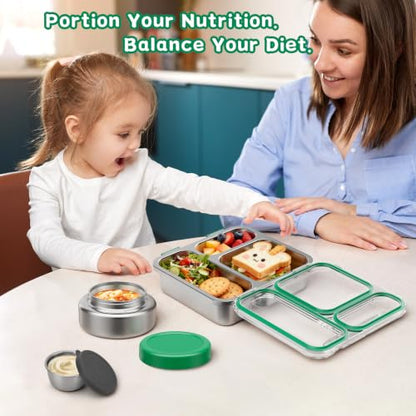 Pawtong Stainless Steel Bento Box Kids Adult with 7oz Insulated Food Jar, Transparent Lid Metal Lunch Box With Soup Thermal Jar, Lunch Box Container with Removable Divider & Sauce Cup School (Green) - color: Green