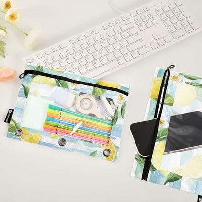 Fustylead Blue White Striped Lemon Floral Binder Pencil Pouch for 3 Ring, Pencil Pouches Bags with Zipper Clear Window for School Office Cosmetic Supplies, 2 Pack - color: Lemon