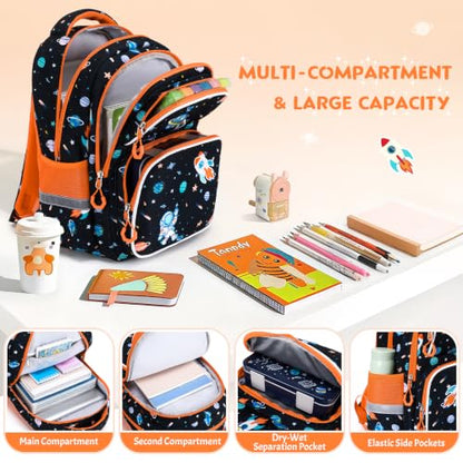 Kids Backpack for Boys 4-8, Cute 3D Embroidered Space Toddler Backpack with 34oz Lunch Box, Insulated Bag, Pen Case & Utensils, School Bookbag for Preschool Kindergarten Elementary Student - color: Space