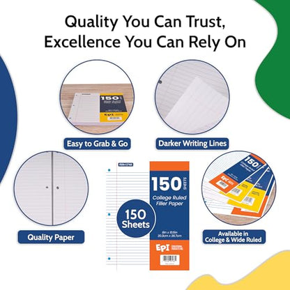 EPI Filler Paper, Wide Ruled Loose Leaf, 3-hole punch, 150 Sheet, 10.5 x 8 Inch, Pack of 24 (3,600 sheets) - color: Wide Ruled, size: 24 Pack