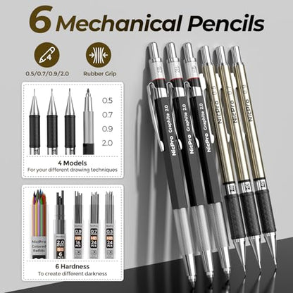 Nicpro 58 PCS Art Drawing Supplies Kit in Leather Case, Art Mechanical Pencil Set with Metal Drafting Pencil 0.3 & 0.5 & 0.7 & 0.9 & 2mm, 12 Micron Pen, Sketch Book, 30 Tube Lead Refills for Sketching