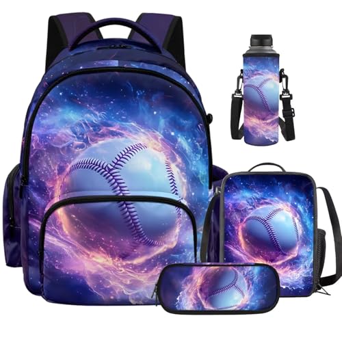 Cool Baseball Backpack for Boys 8-12 Kids Backpack with Lunch Box Water Bottle Holder with Strap and Zipper Pencil Case 4PCS Set Bookbag with Compartments for School 17 inch Elementary - color: Cool Baseball