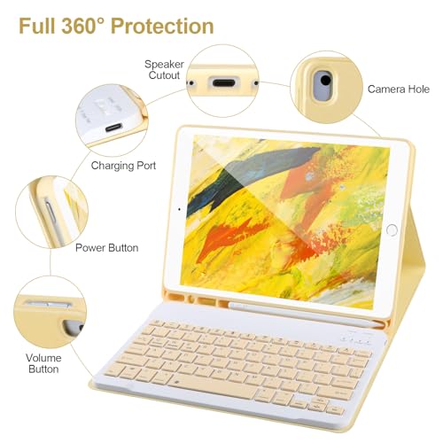AHYWTAN Keyboard Case for iPad 9/8/7th Gen 10.2’’,Case with Keyboard ipad 10.2 inch,Detachable Bluetooth Keyboard with Pencil Holder,Yellow - color: Yellow