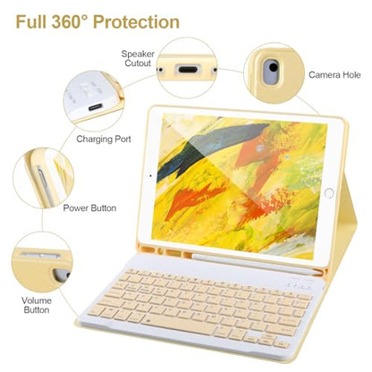 AHYWTAN Keyboard Case for iPad 9/8/7th Gen 10.2’’,Case with Keyboard ipad 10.2 inch,Detachable Bluetooth Keyboard with Pencil Holder,Yellow - color: Yellow