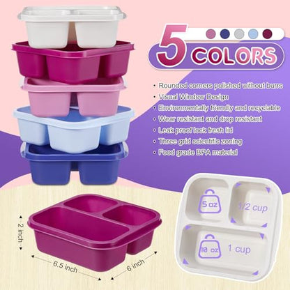 Honeydak 5 Pack Snack Containers 3 Compartment Bento Snack Boxes Divided Meal Prep Containers with Lids Reusable Adults Lunch Food Storage Box for School Work Travel(Elderberry) - color: Elderberry