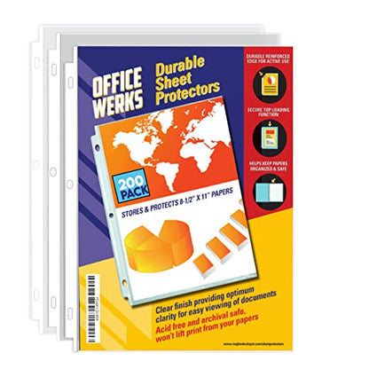 Office Werks 200 Sheet Protectors, 8.5X11 Inch Clear Page for 3 Ring Binder, Plastic Sleeves, Durable Top Loading Paper Protector with Reinforced Holes, Archival Safe