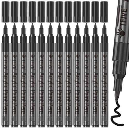 TFIVE 12 Black Acrylic Paint Markers, Permanent Paint Pens Extra Fine Tip | Waterproof, Quick Dry, Fade Resistant, 0.7mm Water Based Marker Pen for Rock, Wood, Plastic, Metal, Glass, Rubber - color: Black