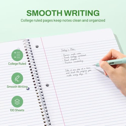 SUNEE Spiral Notebook, 1-Subject, College Ruled Paper, 8" x 10-1/2", 100 Sheets per Notebook, 3-Hole Punched Paper, Water Resistant Cover, Double-sided Pockets, Dark Green - color: Dark Green