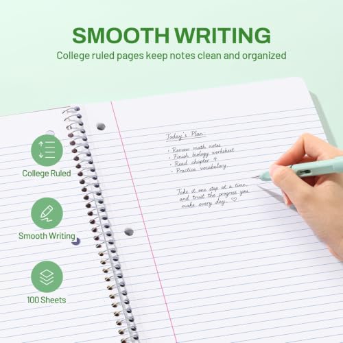 SUNEE Spiral Notebook, 1-Subject, College Ruled Paper, 8" x 10-1/2", 100 Sheets per Notebook, 3-Hole Punched Paper, Water Resistant Cover, Double-sided Pockets, Dark Green - color: Dark Green
