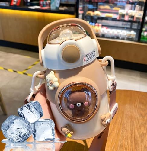 LEJN 28 oz Water Bottle Kawaii with Adjustable Shoulder Strap for Summer Cold Water Chill Portable Leakproof BPA-free Cartoon Children Cup Traveling Hiking Camping (Brown820ml) - color: Brown820ml