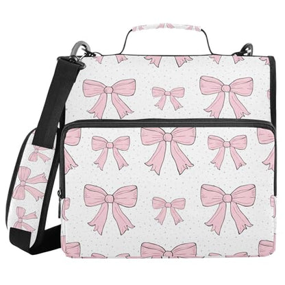 Pink Bows Waterproof Zipper Binder with Shoulder Strap, 3-Ring Trapper Keeper with Lay-Flat Design and Multiple Compartments for School & Office, Adults & Kids