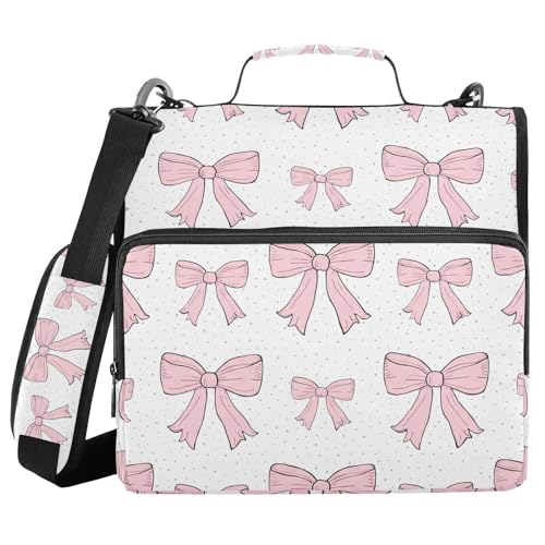 Pink Bows Waterproof Zipper Binder with Shoulder Strap, 3-Ring Trapper Keeper with Lay-Flat Design and Multiple Compartments for School & Office, Adults & Kids