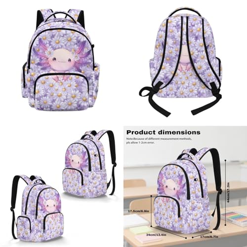 Daisy Axolotl Backpack for Boys Girls with Lunch Box Kids Bookbags for Boys Ages 5-10 Backpack with Lunch Bag 4Pcs Set Pencil Case Water Bottle Pouch Elementary 17 inch School Accessories - color: Daisy Axolotl