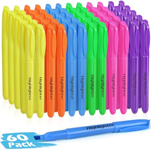 KIZZYEA 60 Pack Highlighters in 6 Assorted Colors, Chisel Tip Dry-Quickly Highlighters Bulk, No Bleed Highlighter Markers for Adult Kids, School Supplies for Teachers, Office Classroom Must Have - color: Multicolor