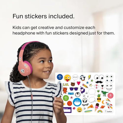 Belkin SoundForm Mini Kids Wired Headphones with Built-in Microphone & Fun Stickers, 85dB Safe Volume Limit – for Online Learning, Travel, Compatible w/iPhone 15, iPad, Galaxy S23, & More - Pink - color: Pink, style: Wired