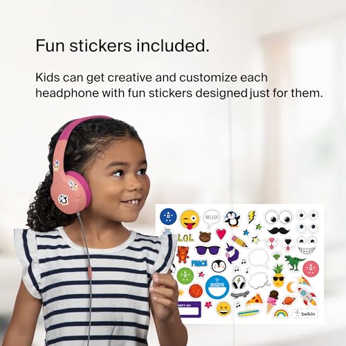 Belkin SoundForm Mini Kids Wired Headphones with Built-in Microphone & Fun Stickers, 85dB Safe Volume Limit – for Online Learning, Travel, Compatible w/iPhone 15, iPad, Galaxy S23, & More - Pink - color: Pink, style: Wired