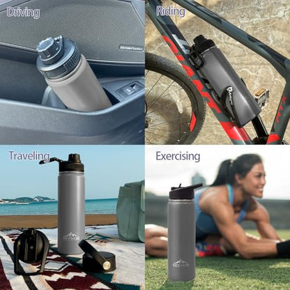 24oz Insulated Water Bottle-Vacuum Stainless Steel Bottle | with Straw, Spout, Handle, 3 Lids–Leak Proof, BPA Free, Fits Cup Holders–Metal Thermos for Hiking, Gym, Car, Bike （Gray） - color: Gray