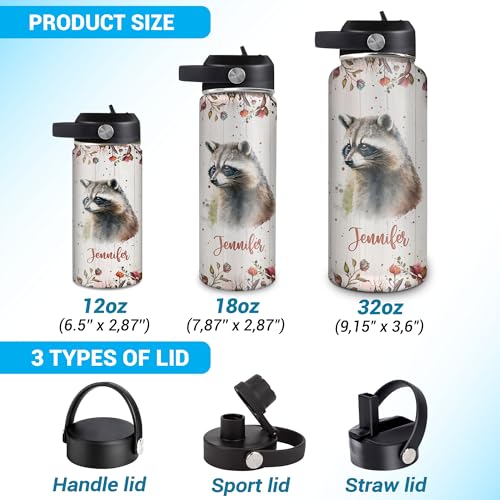 Hyturtle Personalized Raccoon Water Bottle - Custom Name Insulated Stainless Steel Bottle with Leak-Proof Lid 18oz 32oz - Animal Lover Gift for Women Girls Raccoon Lovers - Birthday & Christmas Gift - color: Raccoon