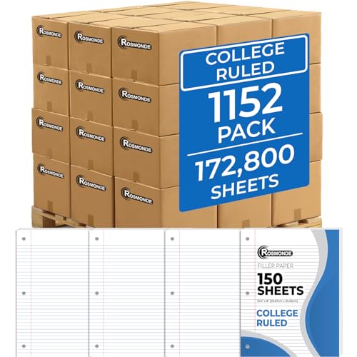 Rosmonde 1152 Pack (Pallet) Loose Leaf Paper Bulk, 172800 Sheets, College Ruled, 150 Sheets/Pack, 8 x 10.5", Pallet of Filler Paper, 3 Hole Punched For Ring Binder, School & Office, 4-7 Days Transit - size: Full Pallet (172K Sheets)