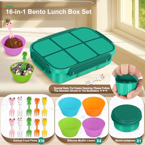 Amathley Lunch Box Kids Girls Boys,Bento Box Adult,Toddler Lunch Containers for School,Leakproof Snack Containers with 6 Compartments,Sauce Container,10 Food Picks and 4 Muffin Cups (Green) - color: Green