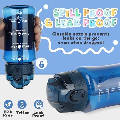 OLDLEY 12oz Kids Water Bottle, Tritan BPA-Free, Leakproof Flip Straw Lid, Motivational Time Marker, Carry Strap, Reusable Clear Water Bottle for Boys & Girls,Slate Blue - color: Slate Blue, style: 12 Ounces