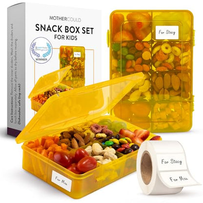 Snack Box Containers Set of 2-Reusable,100 Dissolvable Labels, 8 Adjustable Compartments, Dishwasher Safe, BPA-Free, Meal Prep Container, PARENT TESTED PARENT APPROVED AWARD (2 Pack) (Yellow) - color: Yellow, size: Small