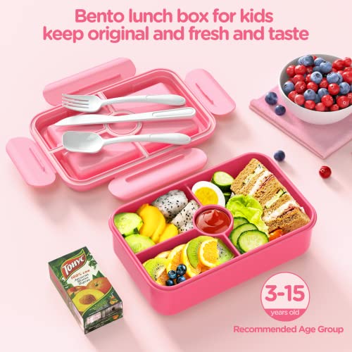 Jelife Kids Lunch Bento Box, Large Bento-Style Leakproof Boxes 4 Compartments Girls Snack Containers with Tableware for Back to School, Reusable On-the-Go Meal and Packing, Pink - color: 1100ml-Pink