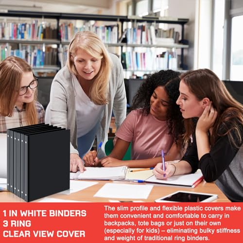 Fulmoon 50 Pcs 3 Ring Binders Bulk with 2 Interior Pockets Round Soft Flexible Ring Binders Holds 175 Sheets with Clear Cover for Office School(Black,1 Inch)