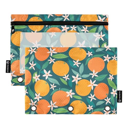 Tropical Fruit Oranges Flower Pencil Pouch for 3 Ring Binder, Three Hole Pencil Case for Binder Bulk Pencil Bag with Clear Window and Zipper for Office School College, 2 Pack, 9.84*7.08in - color: Multicolor 20